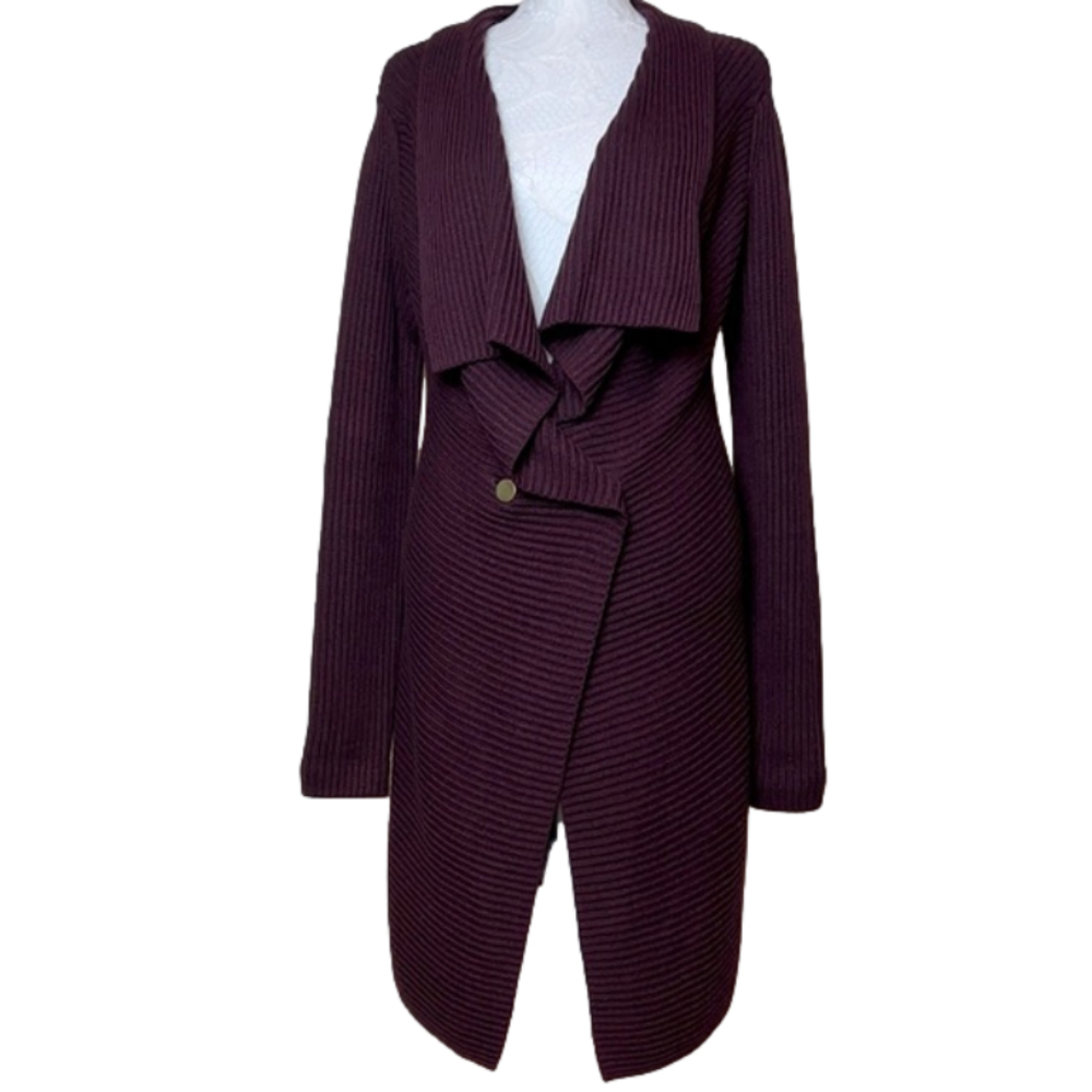 CAbi Maroon Burgundy Waterfall Long Line Ribbed Knit Cardigan - Size Small